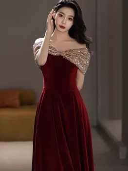Вечернее платье с открытыми плечами, расшитое блестками, винно-красные платья невесты из французского бархата, великолепное женское платье для помолвки трапециевидной формы длиной до пола