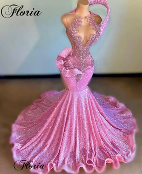 Розовые бархатные платья для выпускного вечера с блестками для чернокожих девушек 2023, свадебные платья с русалочкой, расшитые бисером, вечерние платья Vestidos De Noche