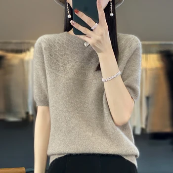 100% чистый женский свитер, готовый к носке первого поколения, с круглым вырезом и короткими рукавами, свободная и простая новая футболка