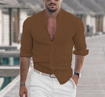 2023 Мужская повседневная хлопчатобумажная льняная рубашка с имитацией шеи, однотонный свободный топ с длинным рукавом, весенне-осенняя красивая модная рубашка