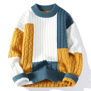 2023 Новые мужские вязаные свитера с круглым вырезом и длинным рукавом в стиле харадзюку, мужской повседневный пуловер в стиле пэчворк, осенне-зимний теплый свитер