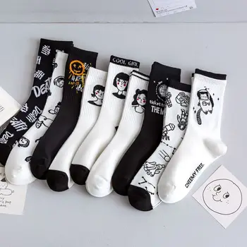 2023 новые осенние черно-белые спортивные женские носки, хлопчатобумажные милые зимние носки, женские носки с принтом каваи, японские модные носки