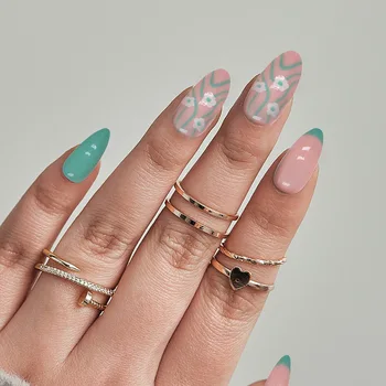 24шт Накладные ногти с зеленым цветком, короткие миндалевидные французские накладные ногти, дизайн накладных ногтей с полным покрытием, нейл-арт для женщин и девочек