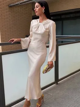 Angel Custom Elegance, белое атласное вечернее платье Lvory на бретелях с длинными рукавами длиной до щиколоток, вечернее платье для выпускного вечера в русалочью складку