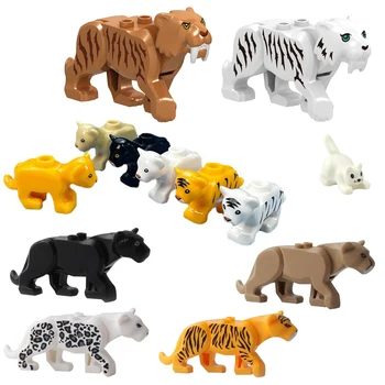 Big Cats Animal Zoo Parts MOC Jungle Beast Строительные Блоки Кирпичи Игрушки Комплект Саблезубый Тигр Лев Леопард Совместим С LEGO