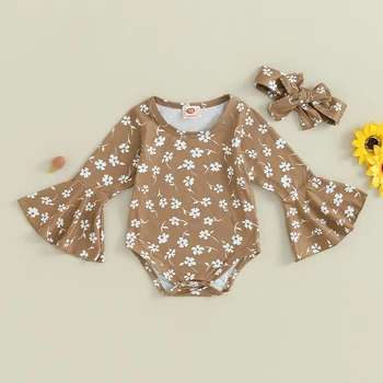 Citgeett Осенняя одежда для новорожденных девочек, боди с длинным рукавом и цветочным принтом, лента для волос, осенне-весенняя одежда