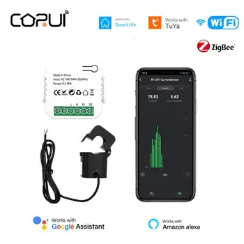 CORUI Tuya WiFi/Zigbee Power Monitor 80A С Зажимом Трансформатора Тока Smart Life кВтч Энергопотребление Статистика электроэнергии