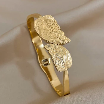 DODOHAO из нержавеющей стали 316L, Золотого цвета, Оставляет Открытые браслеты, браслеты для женщин, Винтажный браслет-манжета с листьями, подарок ювелирных изделий на запястье