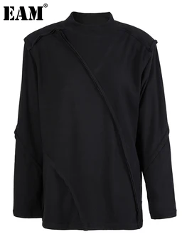 EAM, Черная элегантная футболка большого размера, женская новинка, круглый вырез, длинный рукав, мода Tide, весна-осень 2023, CPG0412