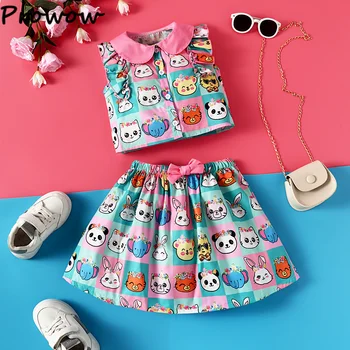 Prowow/ Летние наряды для девочек от 4 до 7 лет, топ с кукольным воротником и рукавами-оборками + юбка с мультяшными животными, комплекты одежды для девочек, одежда для маленьких девочек