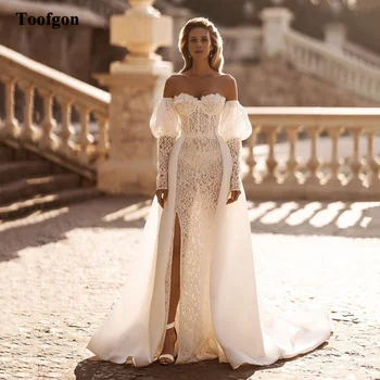 Toofgon, 2 предмета, Съемные кружевные свадебные платья С длинными рукавами, свадебные платья с разрезом сбоку, Вечернее платье принцессы Невесты