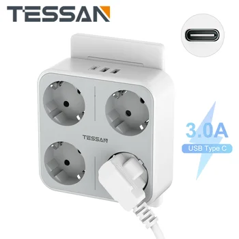 Адаптер-удлинитель TESSAN EU с несколькими розетками, электрическая розетка типа C, адаптер питания, зарядное устройство для дома, офиса
