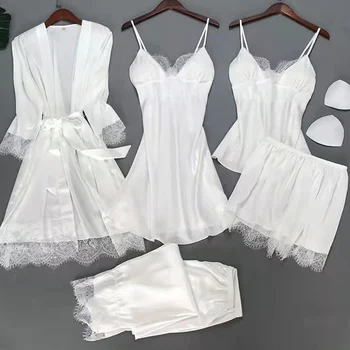 Белый комплект для сна из 5 шт., пижама, женская кружевная атласная пижама, кимоно, банный халат, свободная пижама, домашняя одежда, повседневная ночная одежда с V-образным вырезом