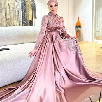 Вечерние платья из розовых хрустальных бусин, атласные вечерние платья в пол с длинным рукавом и высоким вырезом, женское платье для выпускного вечера в Дубае