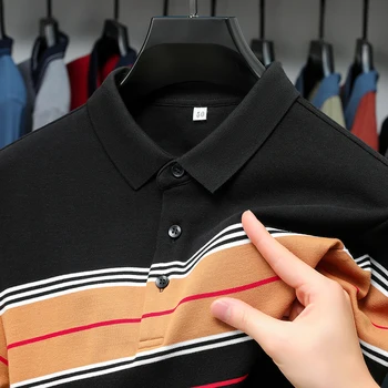 Высококачественная мужская рубашка поло в полоску с длинными рукавами из 100% хлопка, весенне-осенний лацкан, деловая повседневная контрастная цветовая модная футболка