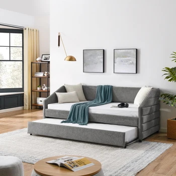 Двуспальная кушетка с мягким диваном-кроватью, обитым хохолком, ткань синель, серый (82,5 