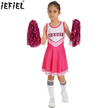 Детский костюм для черлидинга для девочек, форма чирлидерши для выступлений на сцене, танцевальное платье без рукавов с буквенным принтом и цветочными носками