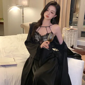 Женская Сексуальная Черная атласная кружевная ночная рубашка, пижамы, комплект из 2 предметов, халат, Кимоно, халат с вырезами, ночное платье