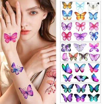 Женские наклейки с татуировками бабочек, сексуальные временные татуировки в стиле боди-арт, красочные водонепроницаемые поддельные татуировки, долговечные клейкие наклейки