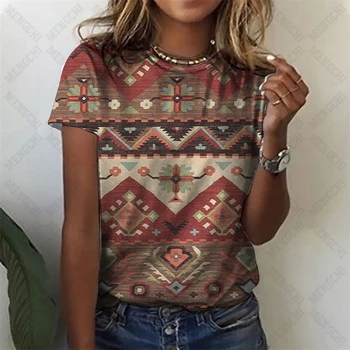 Женские футболки с этническим ацтекским рисунком, Летние повседневные богемные топы с круглым вырезом и коротким рукавом, свободная уличная одежда для девочек, футболки оверсайз