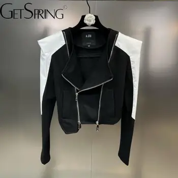 Женское пальто Getspring 2023, весна-осень, воротник-стойка, облегающая куртка с объемной подкладкой на плечах, длинный рукав, Двойная молния, Обтягивающая куртка