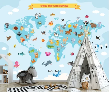 Карта мира с животными для детей, большой Декор стен в гостиной, наклейка на стену, наклейки на стены для спальни, детской комнаты, Съемная наклейка