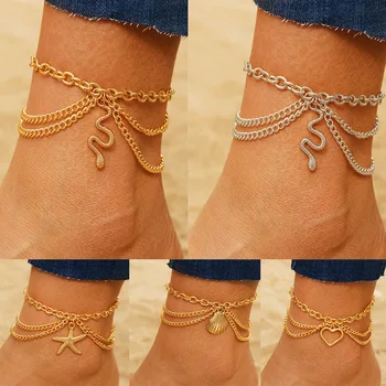 Классический змеиный многослойный ножной браслет для женщин в виде ракушки в виде морской звезды, сексуальная цепочка на ногу, женский браслет на щиколотке, Пляжные украшения, подарки
