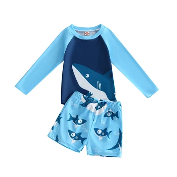 Комплект из 2 предметов для детей и мальчиков, топы с круглым вырезом и длинными рукавами и плавками с принтом акулы, купальный костюм
