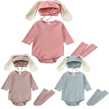 Комплекты одежды для новорожденных, осенний комбинезон для девочек + шапки + носки, комплекты из 3 предметов, боди с заячьими ушками с длинным рукавом, комплекты одежды для мальчиков