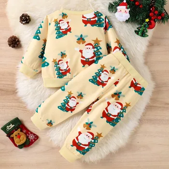 Комплекты Санта-Клауса для мальчиков и девочек, Рождественские футболки с рисунком Санта-Клауса с длинными рукавами, Пуловеры, Топы, брюки, наряды roupa infantil