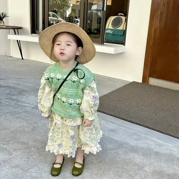 Корейская детская одежда для девочек, Хлопок, Весна 2023, Новый Модный Зеленый Вышитый Трикотаж, Платье в цветочек, Длинное платье