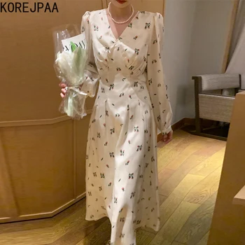 Корейское женское платье 2023, осеннее Женское платье с V-образным вырезом и цветочным принтом, Элегантные платья с пышными рукавами и тонкой талией, Корейская одежда