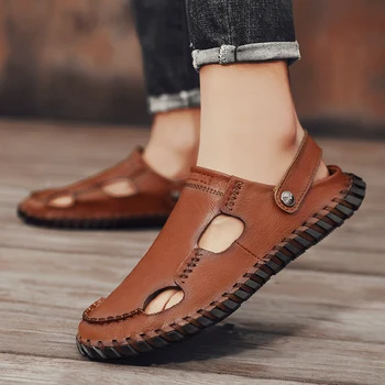 Модные мужские сандалии для отдыха, шлепанцы ручной работы, мужские сандалии, кожаная пляжная обувь в римском стиле, Мужская дышащая летняя повседневная обувь