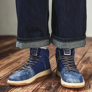 Мужская осенне-зимняя джинсовая обувь в стиле ретро со средним и высоким берцем, мужская обувь в тон, Повседневная спортивная обувь, Мужская модная обувь