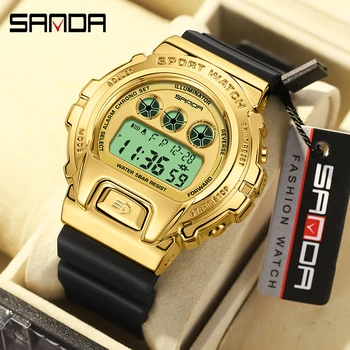 Мужские электронные часы бренда SANDA в роскошном золотом корпусе со светящимися светодиодными цифровыми часами, многофункциональные часы с хронографом, водонепроницаемость 50 м