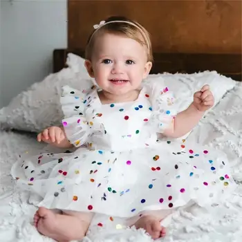 Новорожденная Девочка Принцесса, хлопковое платье-ползунки в горошек, детская одежда для малышей, Вуаль, вечеринка, День рождения, детская одежда 3 м-18 м