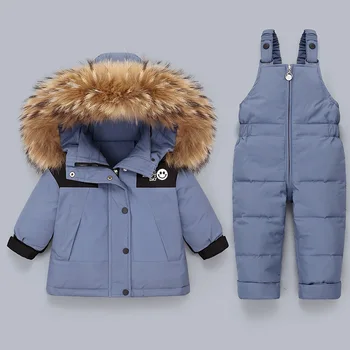 Новый пуховик для мальчиков, костюм для маленьких девочек, утолщенное зимнее пальто из двух предметов + брюки, верхняя одежда на белом утином пуху из натурального меха