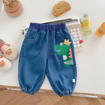 Осенние детские джинсовые брюки с героями мультфильмов Для мальчиков, мягкие свободные брюки для девочек, повседневные джинсы
