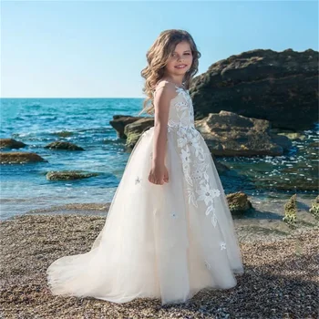 Платье с цветочным узором для девочек, пышное свадебное платье с аппликацией под горло для пышного ребенка, платье для дня рождения, платье для первого причастия, Свадебное платье на заказ