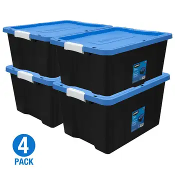 Прочный пластиковый ящик для хранения на 17 галлонов с защелкой, черное основание / синяя крышка, набор из 4 предметов