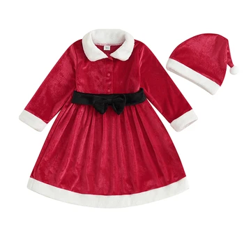 Рождественский наряд для девочки, Шляпа Санта, бархатное платье для малышей, платье с оборками, бархатное платье-пачка с пуговицами и поясом