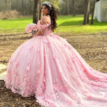 Розовые платья Quinceanera Бальное платье с открытыми плечами Пышное платье Sweet 16 с 3D розами, расшитое бисером, вечерние платья знаменитостей, выпускной