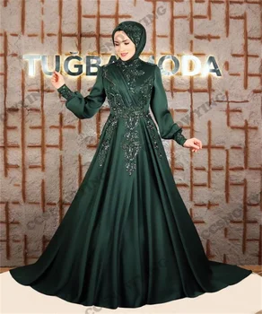 Темно-зеленые Мусульманские вечерние платья с высоким воротом и роскошными аппликациями С длинным рукавом, Вечерние женские Хиджабы, Арабский халат-кафтан