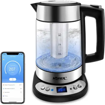 Управление чайником с помощью приложения, Стеклянный бойлер для воды В комплекте, Фильтр Подходит для Alexa Google Assistant, 1,7 л БЕЗ BPA, Отлично подходит для приготовления кофе и чая