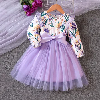 Фиолетовое платье из тюля для детей, осенняя одежда для девочек, платье принцессы с цветочным рисунком и длинными рукавами, Сетчатые газовые платья, детский костюм от 2 до 8 лет