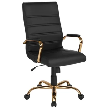 Флэш-мебель с высокой спинкой, черное кожаное мягкое офисное кресло для руководителей с золотыми подлокотниками