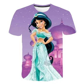 Футболки принцессы Жасмин, одежда, модные футболки с короткими рукавами для девочек, Летние повседневные топы с героями мультфильмов, футболки, костюмы от 1 до 14 лет