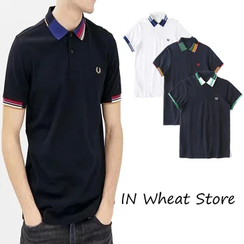 Хлопчатобумажная контрастная водолазка с вышивкой пшеницы, топ с коротким рукавом, деловые 5 цветов, мужские рубашки поло, мужская летняя одежда для гольфа 2023 года.