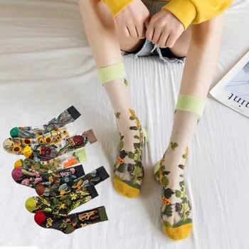 Шелковые носки с цветочной вышивкой и кристаллами, летние ультратонкие прозрачные женские носки, Сетчатые кружевные носки Harajuku в стиле ретро для экипажа, Женские носки в стиле Харадзюку